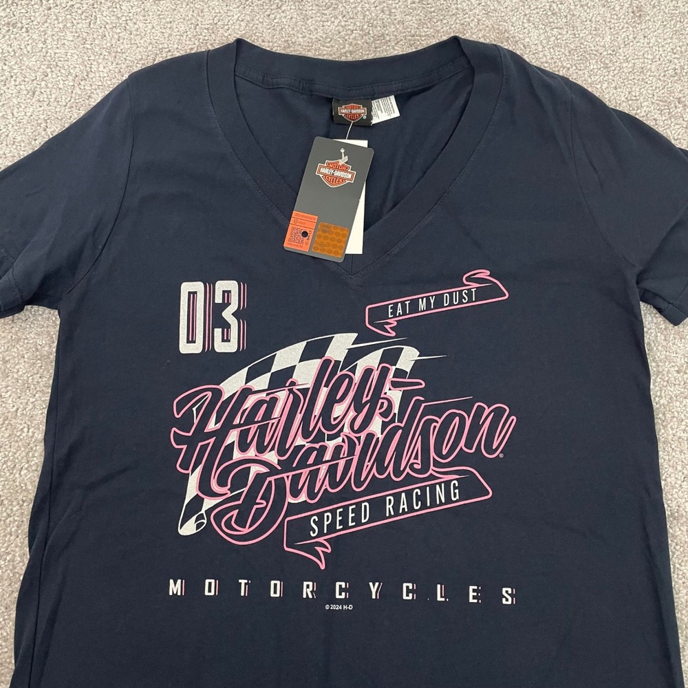 Harley-Davidson Women Medium HD Zooming Navy V-Neck Speed Racing Tee NEW Retro